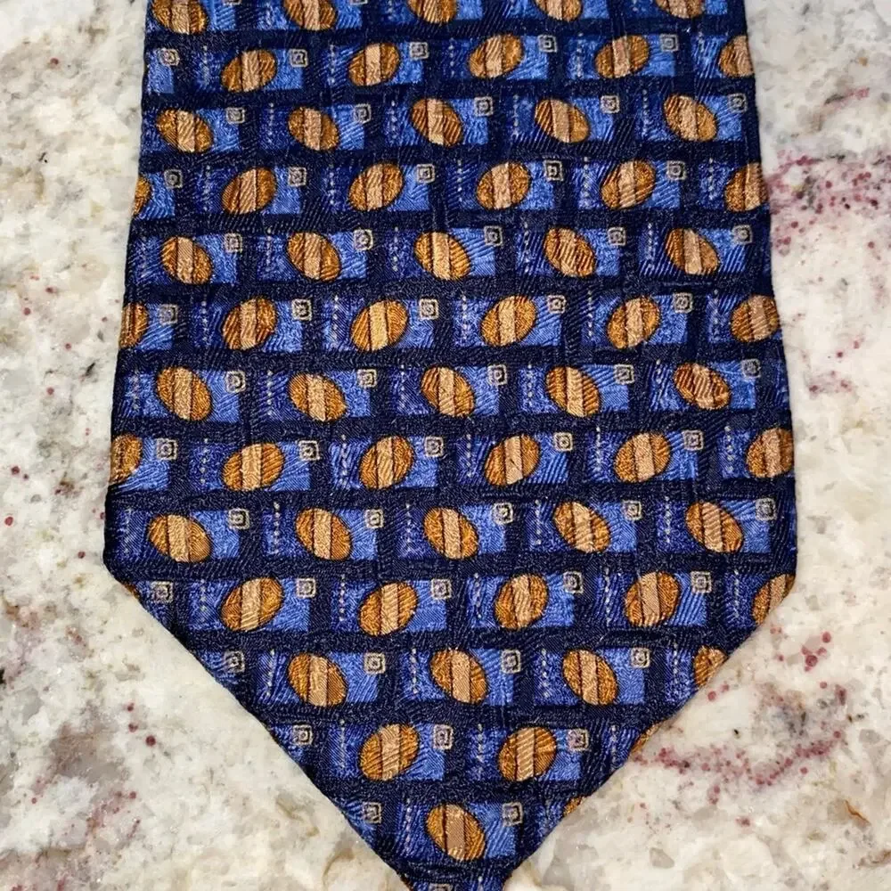 ERMENEGILDO ZEGNA $210 Mens Blue Brown Print Silk Necktie Tie EUC